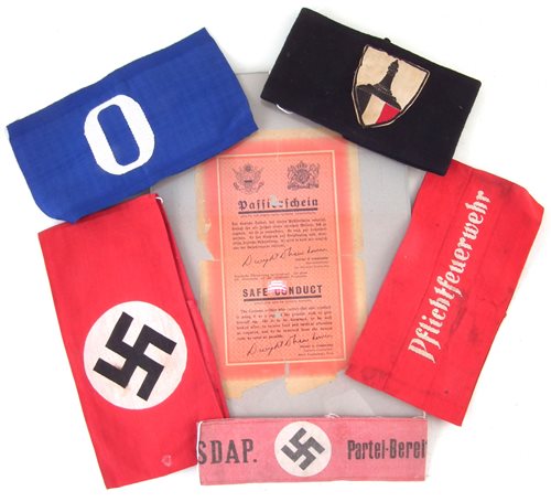 Lot 25 - Five Third Reich German WW2 Arm Bands and a Safe Conduct Letter