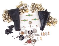 Lot 26 - Collection of buttons, cap badges, shoulder titles, US Leather Holster etc