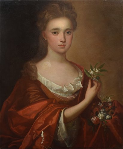 Lot 485 - English School, 18th century, Portrait of a seated girl holding a sprig of blossom, oil.