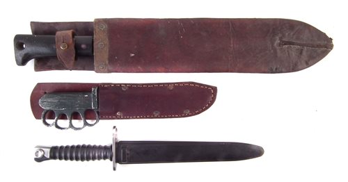 Lot 210 - Machete, fighting knife and a Swiss 1957 pattern bayonet