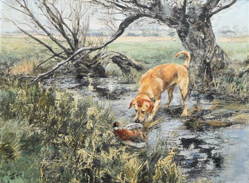 Lot 245 - Henry Wilkinson, Golden labrador retrieving a pheasant, oil.
