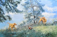 Lot 252 - Henry Wilkinson, Two golden labradors and a pheasant, oil.