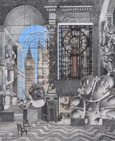 Lot 457 - Gordon Cullen, Architectural landscape with Big Ben, mixed media drawing.