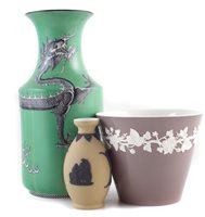 Lot 307 - Wedgwood Norman Wilson plant pot, mustard yellow and black jasper vase, and a green dragon vase
