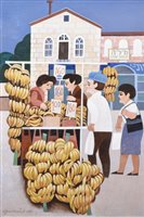 Lot 370 - Alfred Daniels, "Banana Stall, Jerusalem", acrylic.