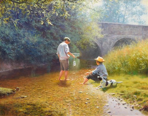 Lot 318 - Tony Sheath, Boys fishing, oil.
