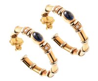 Lot 47 - Pair of sapphire and diamond 18ct yellow gold bamboo hoop earrings