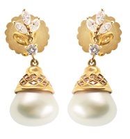 Lot 41 - Pair of cultured pearl and diamond set 18ct gold drop earrings
