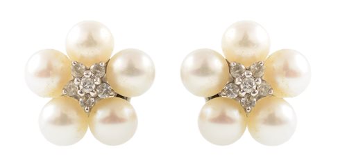 Lot 50 - Pair of pearl and diamond flower head earrings
