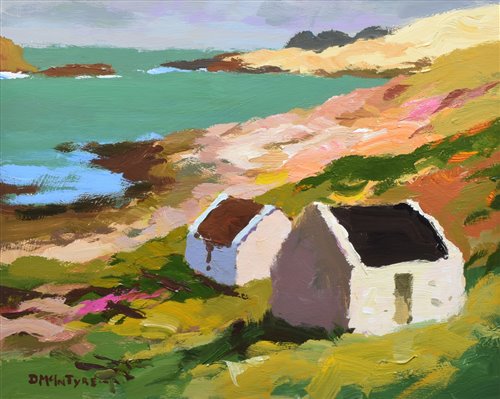 Lot 399 - Donald McIntyre, "Fishermens Sheds, Islay", acrylic.