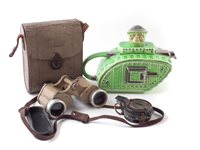 Lot 261 - Pair of 6x30 sand (FED) colour binoculars, WWII T.G. Co Ltd. compass Staffordshire "Old Bill" tea pot.