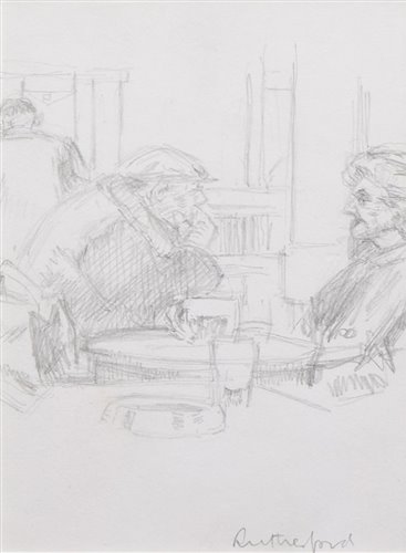 467 - Harry Rutherford, Pub interior with figures, pencil.