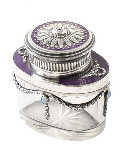 Lot 13 - Austrian  silver, glass and enamel inkwell