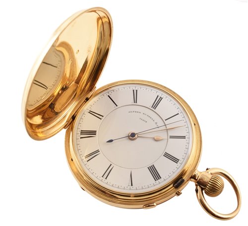 Lot 128 - 18ct gold full-Hunter pocket watch with stop watch function by Alfred Russell & Co