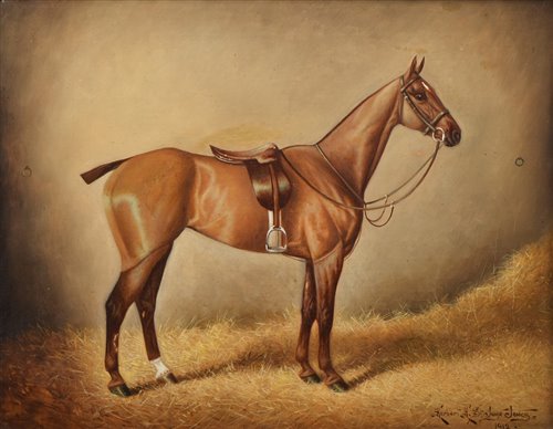 Lot 301 - Herbert St. John Jones, Portrait of a horse in a stable, oil.