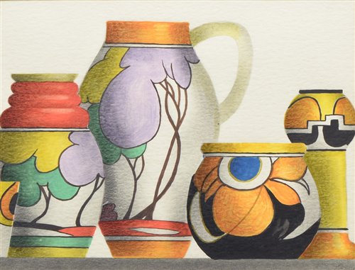 Lot 447 - Trevor Grimshaw, Still life study of Clarice Cliff pottery, watercolour and pencil drawing.